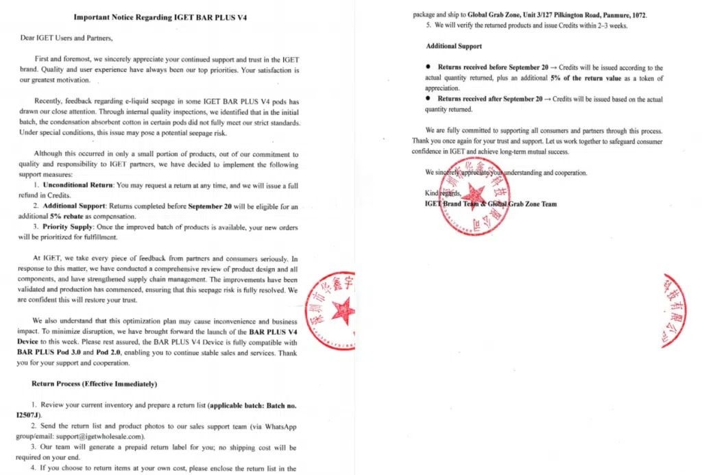 Partner Notice: Support Measures For Iget Bar Plus 4.0 | Iget Wholesale image 8 | IGET Wholesale